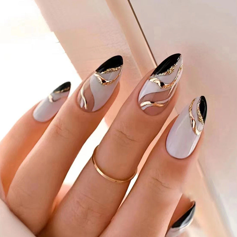 Black And White Mandarin Duck Color Almond Nail Piece - All Things Beauty -
