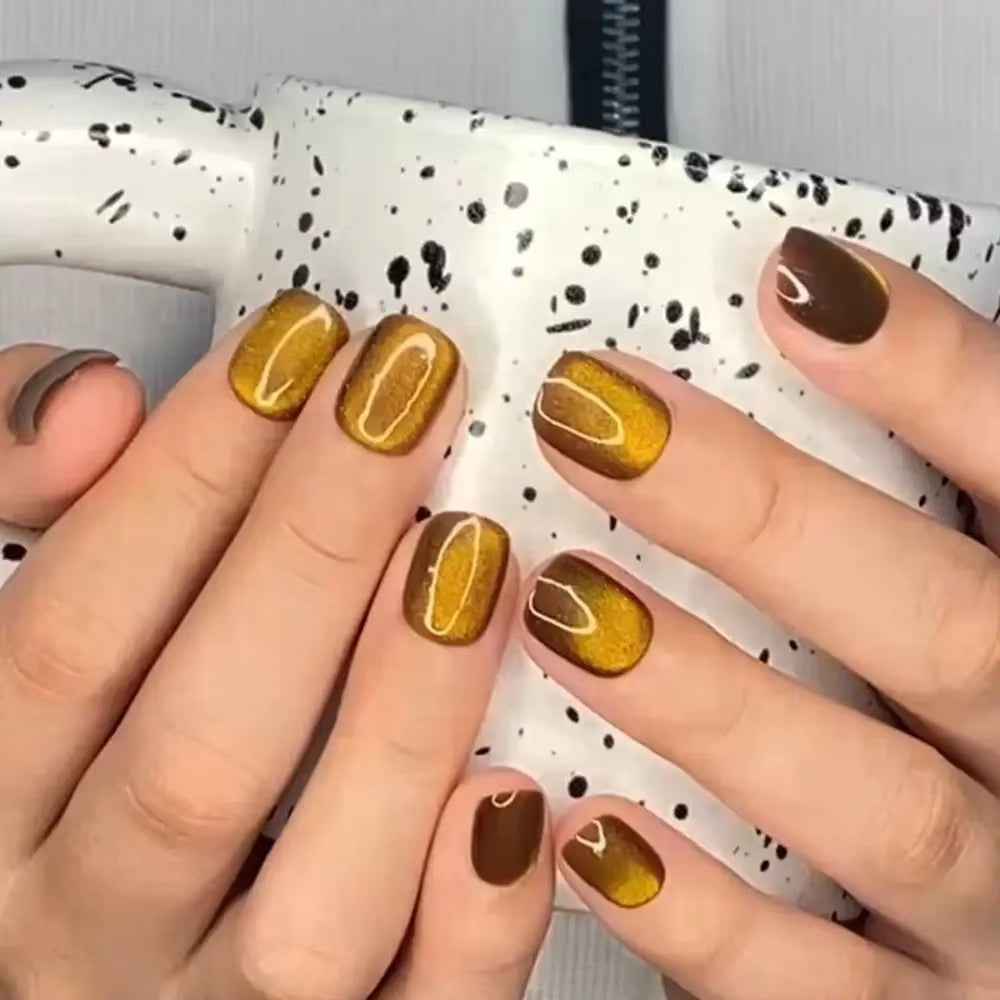 24Pcs/Box Cat Eye Manicure Press on Nails Reusable Glitter Full Cover Fake Nails Short Stick on Nails DIY Nails Art - All Things Beauty -