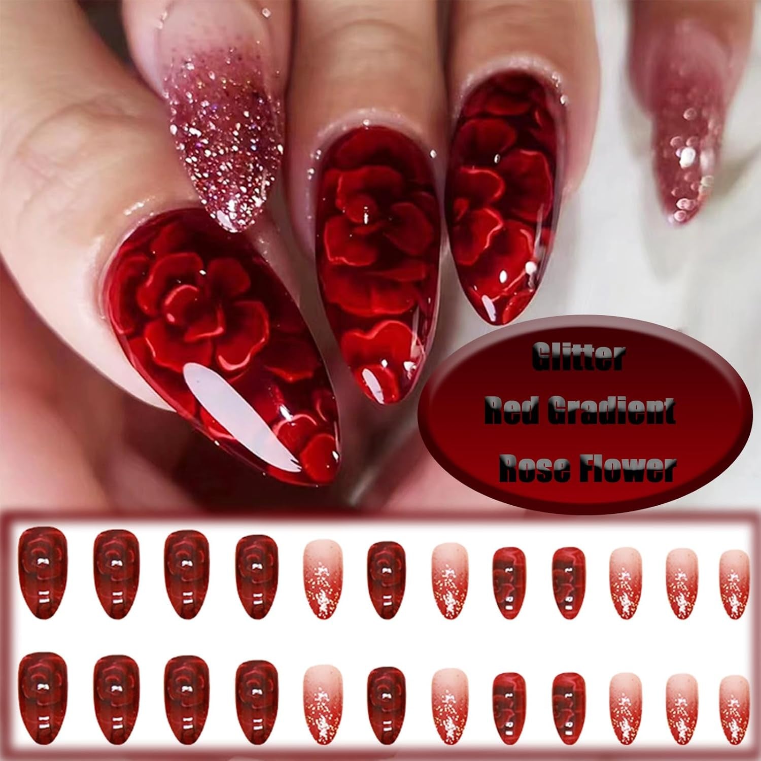 24Pcs Red Gradient Short Almond Press on Nails with Rose Flower Design, Glossy Gold Glitter False Nails Gel Glue on Nails, Shine Ombre Manicure Art Acrylic Fake Nails Stick on Nails for Women Girls - All Things Beauty -