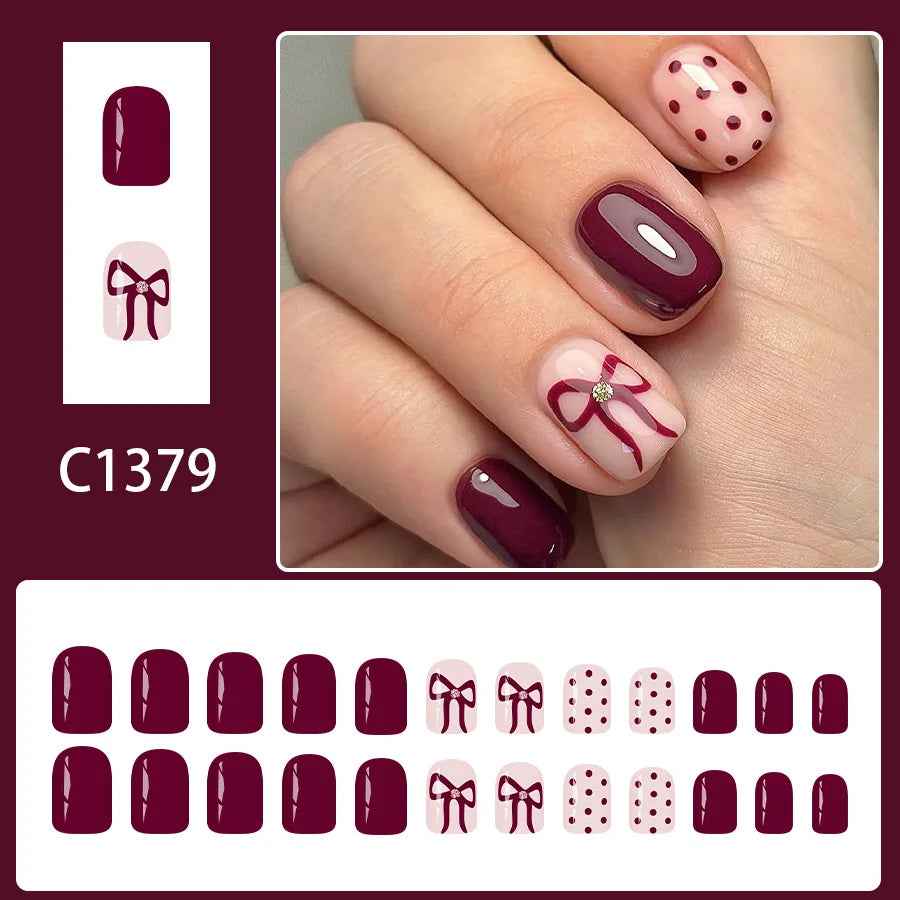 Short Square Press on Nails Glossy Red Wine Dots Bow Glitter Fake Nails 24Pcs Women Cute Sweet Fall Winter - All Things Beauty -