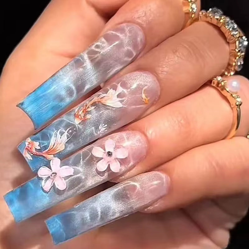 24Pcs Long French Fake Nails with Glue Ballet False Nails Butterfly Rhinestone Design Press on Nails Wearable Coffin Nail Tips - All Things Beauty -