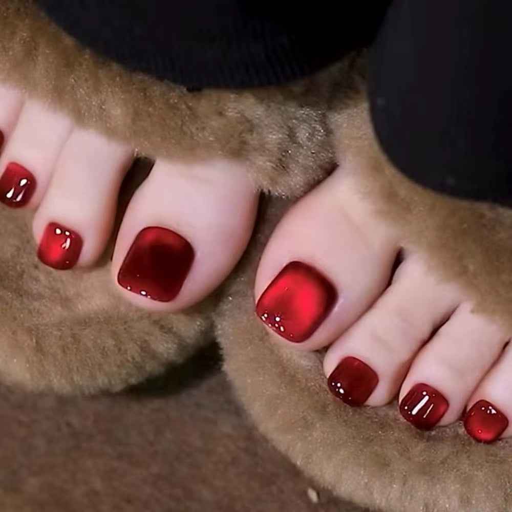 24Pcs Fake Toenails French Full Cover Summer Red Cat Eye Short Square Toe Nails Foot Nails Tips for Women Girl Press on Nails - All Things Beauty -
