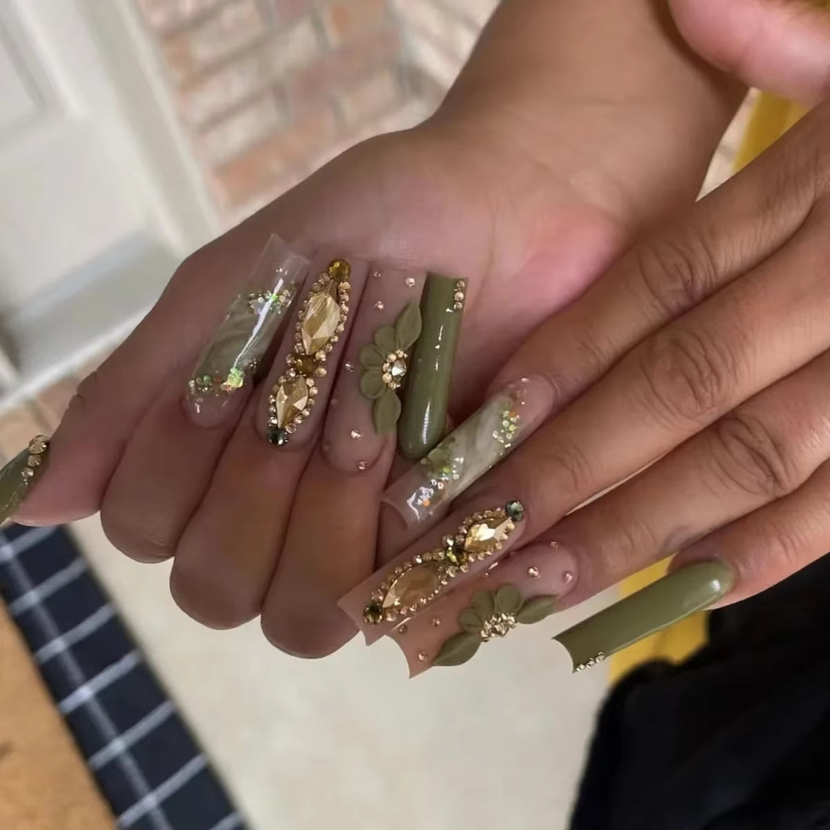 24Pcs Long French Fake Nails with Glue Ballet False Nails Butterfly Rhinestone Design Press on Nails Wearable Coffin Nail Tips - All Things Beauty -