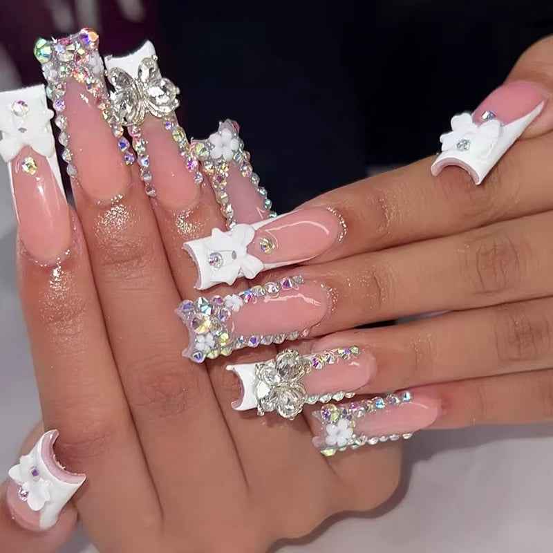 24Pcs Long French Fake Nails with Glue Ballet False Nails Butterfly Rhinestone Design Press on Nails Wearable Coffin Nail Tips - All Things Beauty -