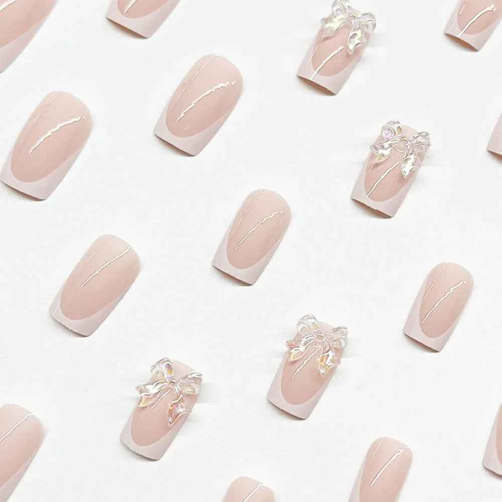 Wearable Manicure French Fake Nails Detachable Butterfly Flash Nail Tips Full Cover Square Head Press on Nails Women - All Things Beauty -