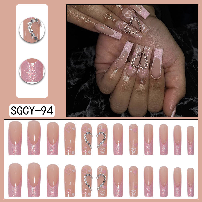 Long Water Pipe Nail French Glitter Love Diamond Wear Manicure - All Things Beauty -