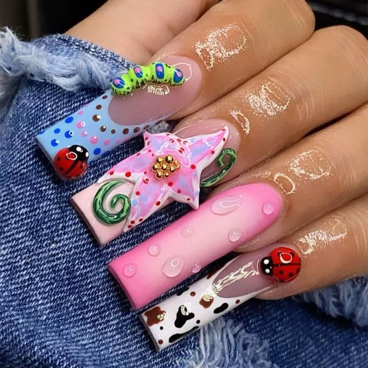 24Pcs Long French Fake Nails with Glue Ballet False Nails Butterfly Rhinestone Design Press on Nails Wearable Coffin Nail Tips - All Things Beauty -
