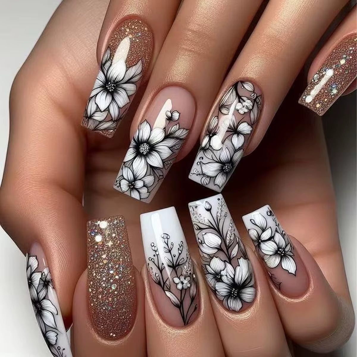 24Pcs Long French Fake Nails with Glue Ballet False Nails Butterfly Rhinestone Design Press on Nails Wearable Coffin Nail Tips - All Things Beauty -
