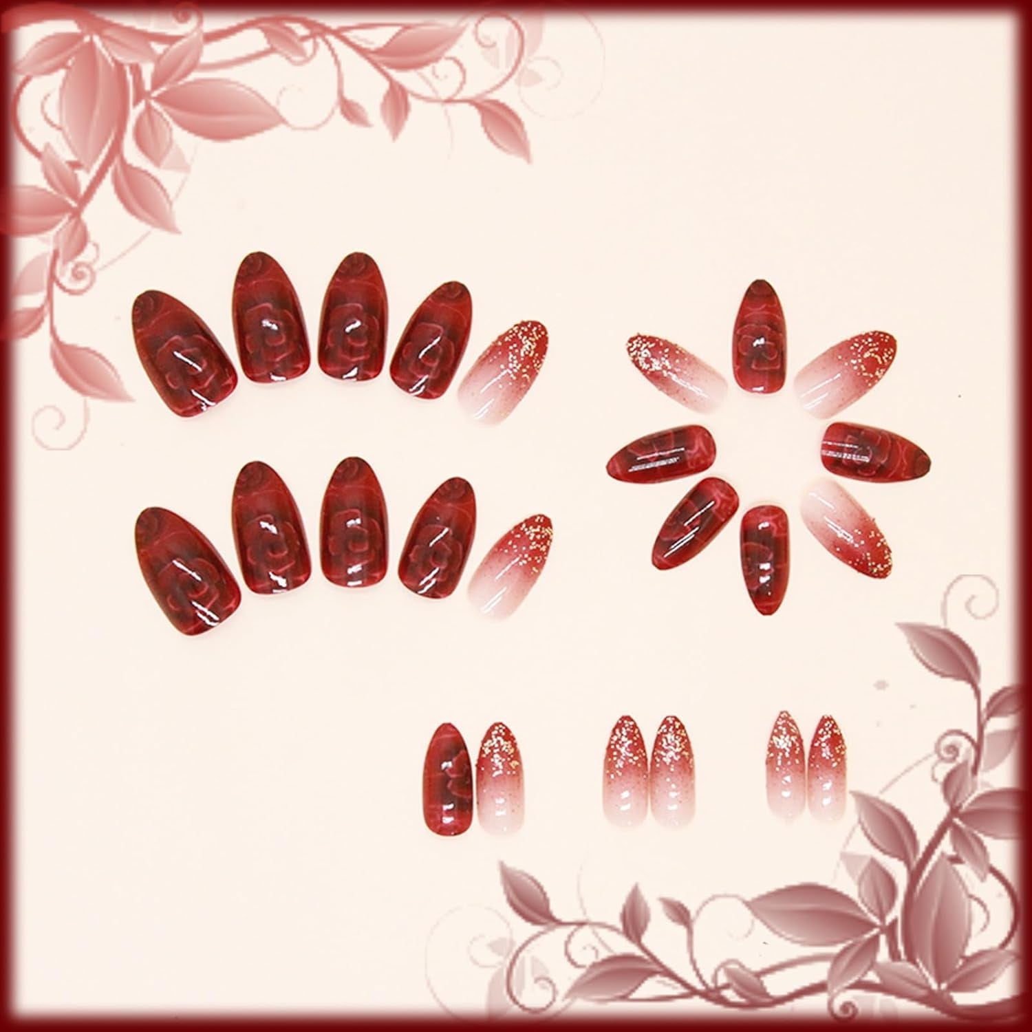 24Pcs Red Gradient Short Almond Press on Nails with Rose Flower Design, Glossy Gold Glitter False Nails Gel Glue on Nails, Shine Ombre Manicure Art Acrylic Fake Nails Stick on Nails for Women Girls - All Things Beauty -