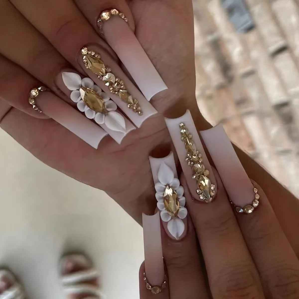 24Pcs Long French Fake Nails with Glue Ballet False Nails Butterfly Rhinestone Design Press on Nails Wearable Coffin Nail Tips - All Things Beauty -
