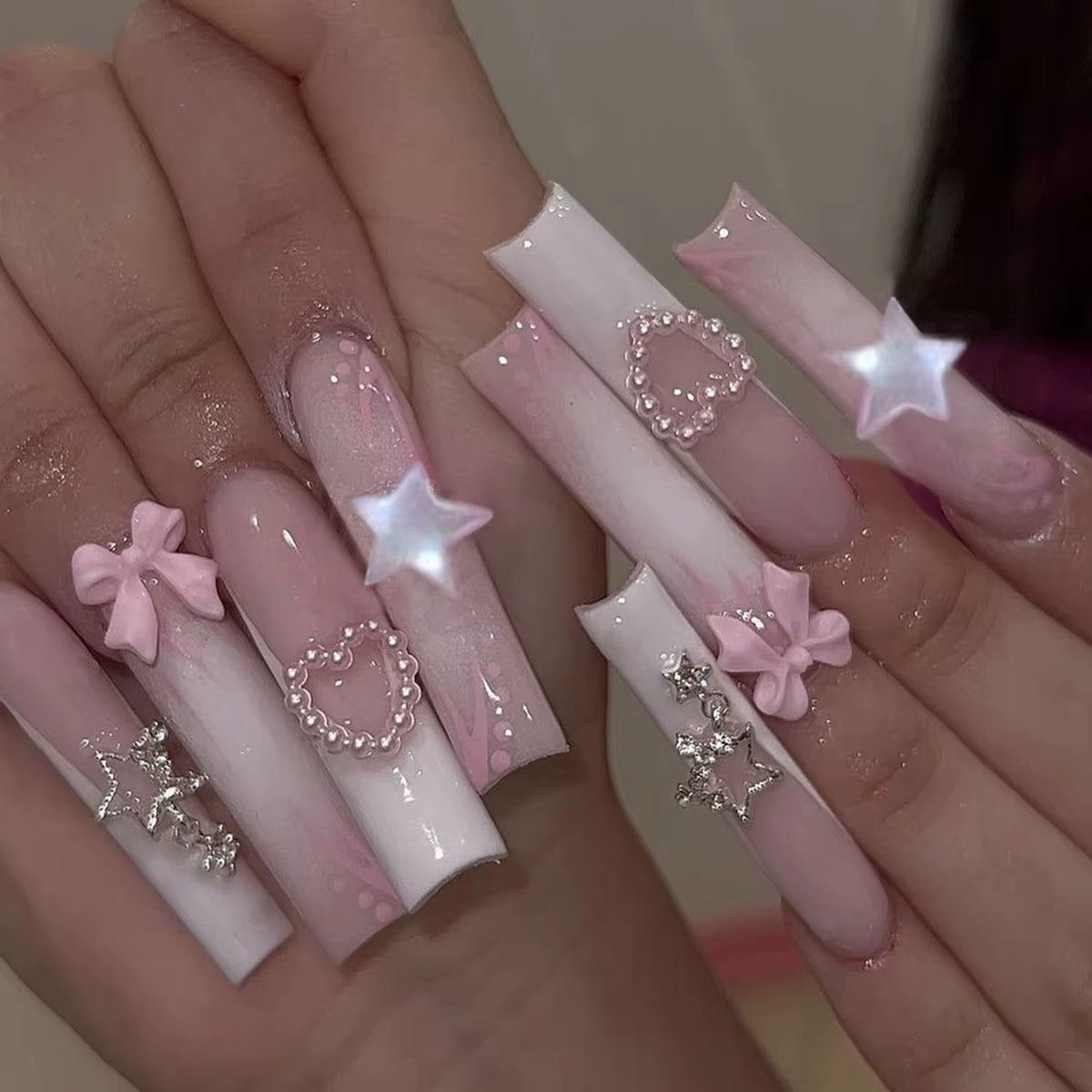 24Pcs Long French Fake Nails with Glue Ballet False Nails Butterfly Rhinestone Design Press on Nails Wearable Coffin Nail Tips - All Things Beauty -