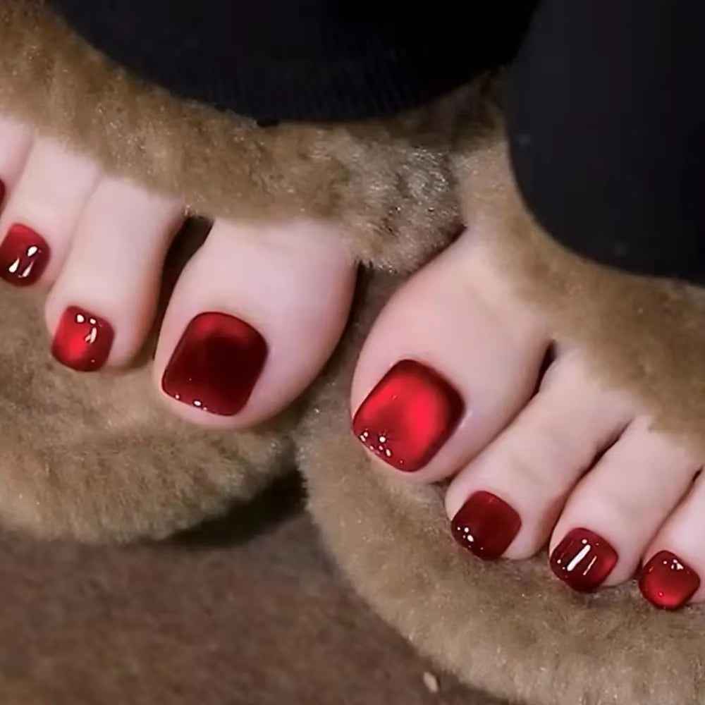 24Pcs Fake Toenails French Full Cover Summer Red Cat Eye Short Square Toe Nails Foot Nails Tips for Women Girl Press on Nails - All Things Beauty -