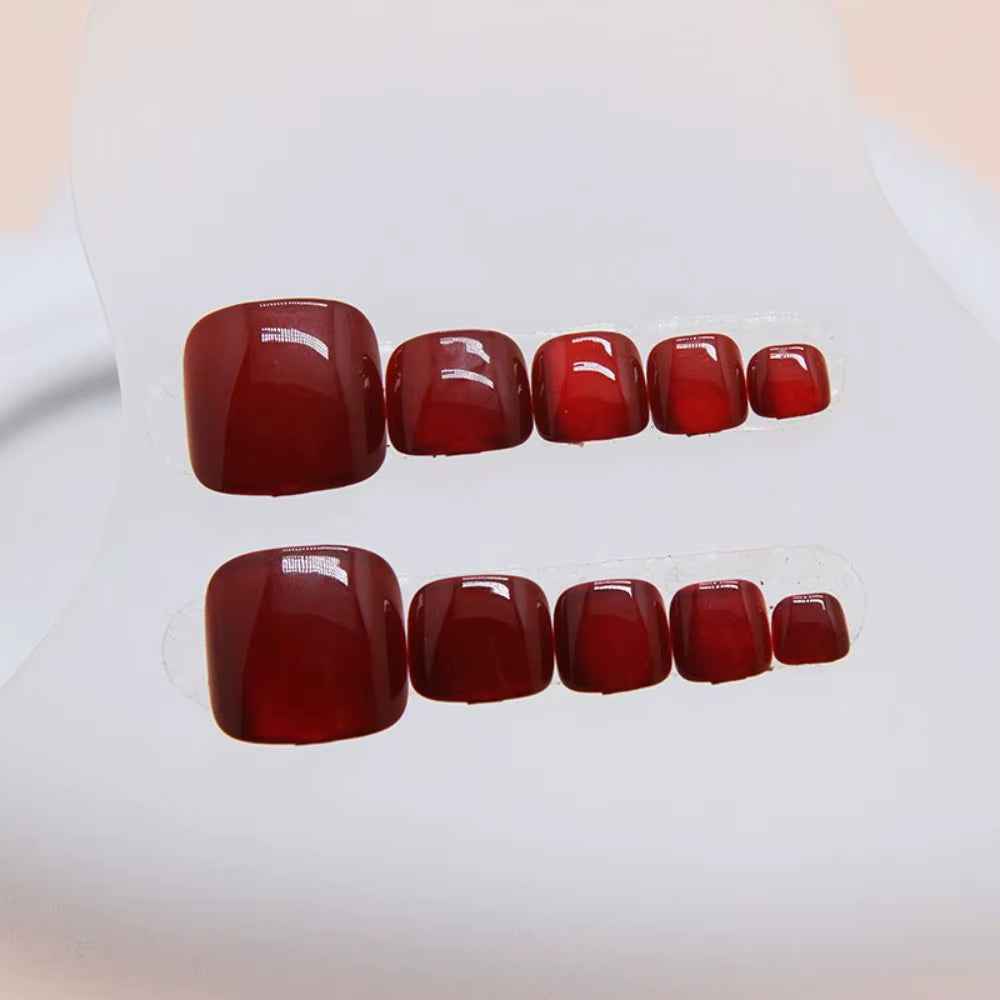 24Pcs Fake Toenails French Full Cover Summer Red Cat Eye Short Square Toe Nails Foot Nails Tips for Women Girl Press on Nails - All Things Beauty -