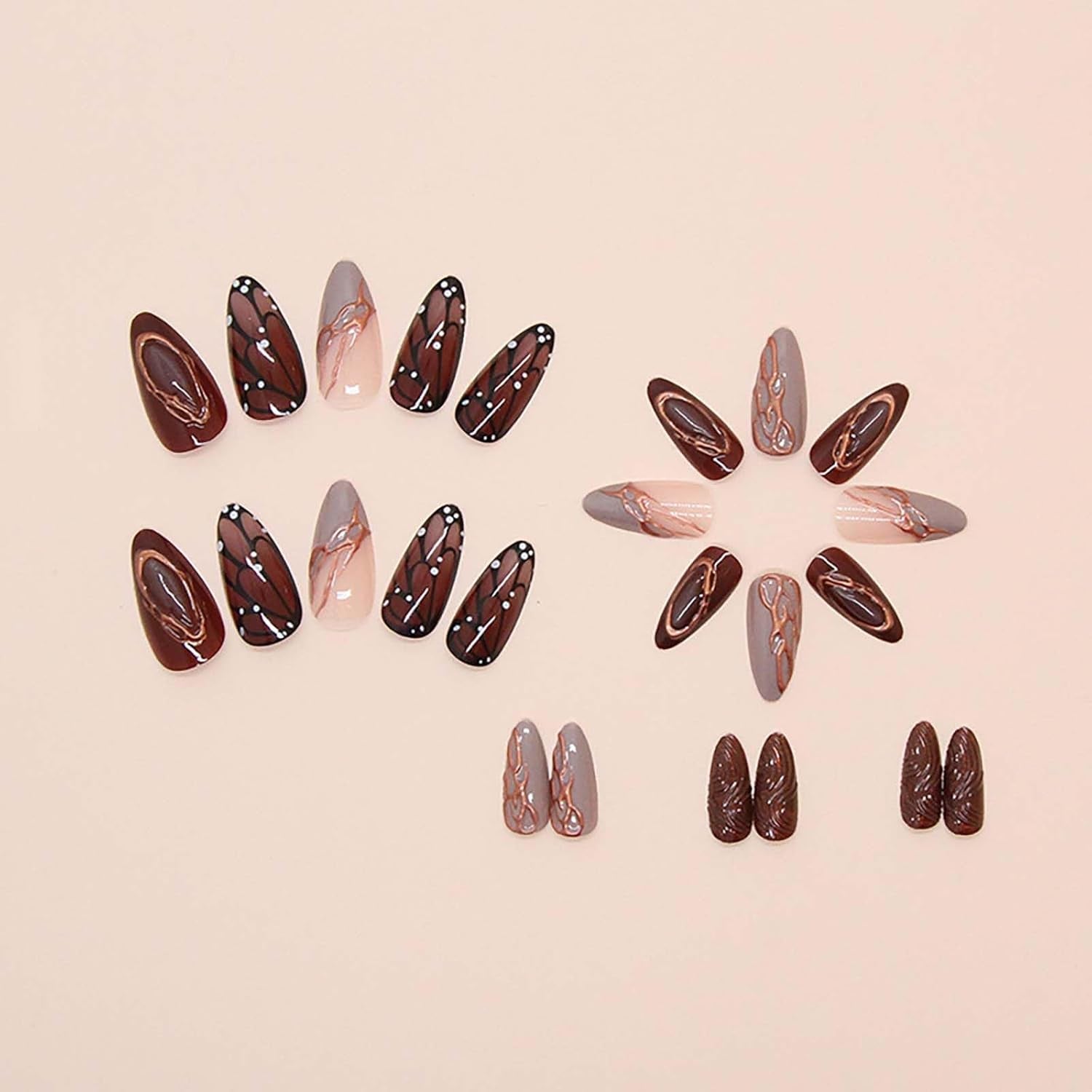 Buttterfly Press on Nails Medium Almond Fake Nails Brown Press on False Nails with Butterfly and Striped Design Fall Nails for Women 24Pcs - All Things Beauty -