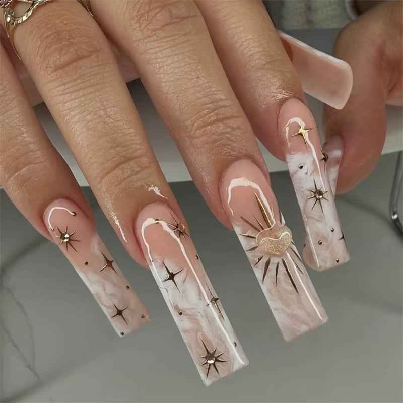 24Pcs Long French Fake Nails with Glue Ballet False Nails Butterfly Rhinestone Design Press on Nails Wearable Coffin Nail Tips - All Things Beauty -