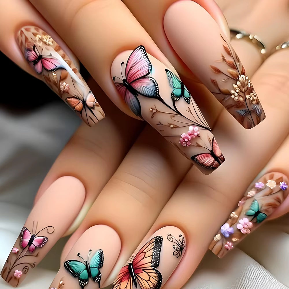 24Pcs Long French Fake Nails with Glue Ballet False Nails Butterfly Rhinestone Design Press on Nails Wearable Coffin Nail Tips - All Things Beauty -