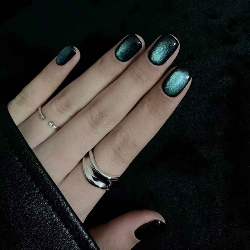 24Pcs/Box Cat Eye Manicure Press on Nails Reusable Glitter Full Cover Fake Nails Short Stick on Nails DIY Nails Art - All Things Beauty -