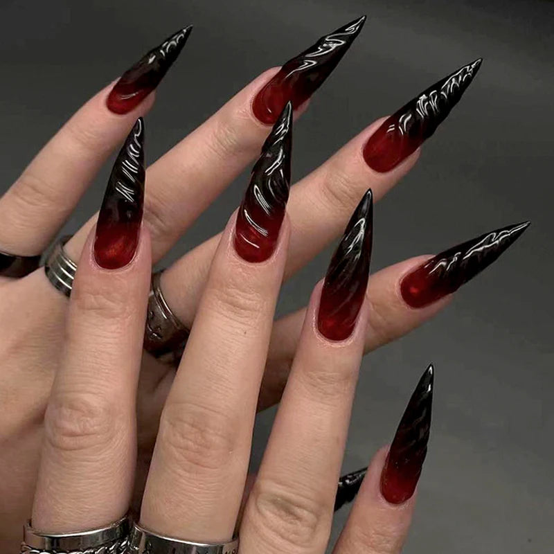 24Pcs Halloween Blood Press on Nails Set Long Coffin Glossy Acrylic Nail Tips Full Cover Ballerina False Nails for Women&Girls - All Things Beauty -