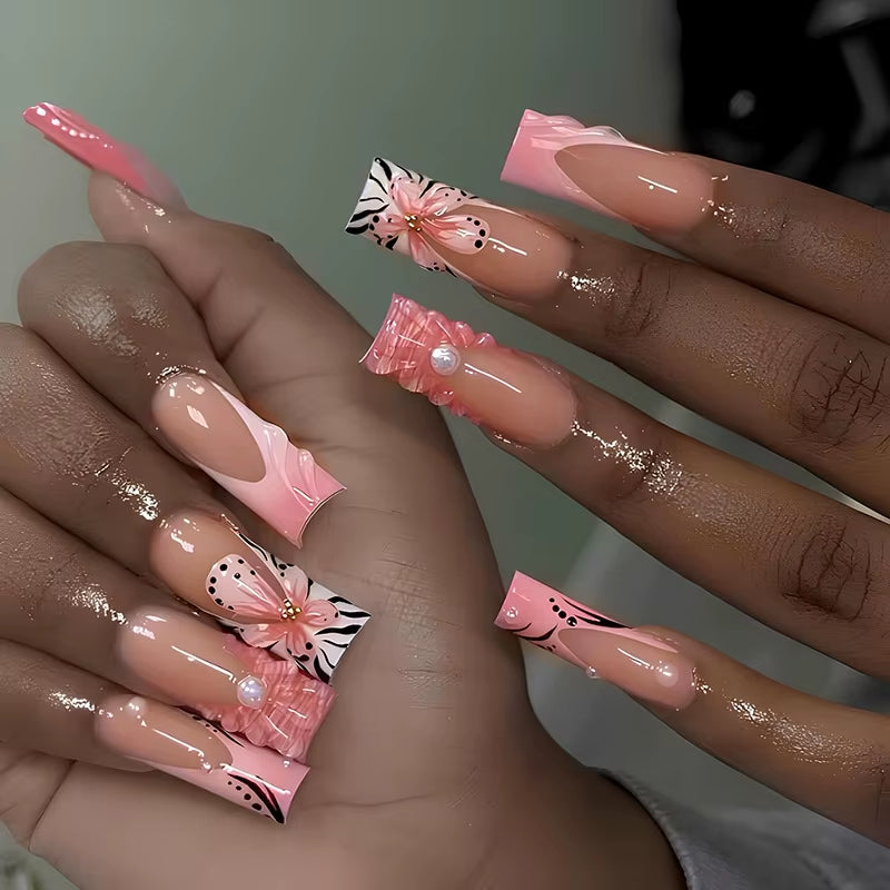 24Pcs Long French Fake Nails with Glue Ballet False Nails Butterfly Rhinestone Design Press on Nails Wearable Coffin Nail Tips - All Things Beauty -