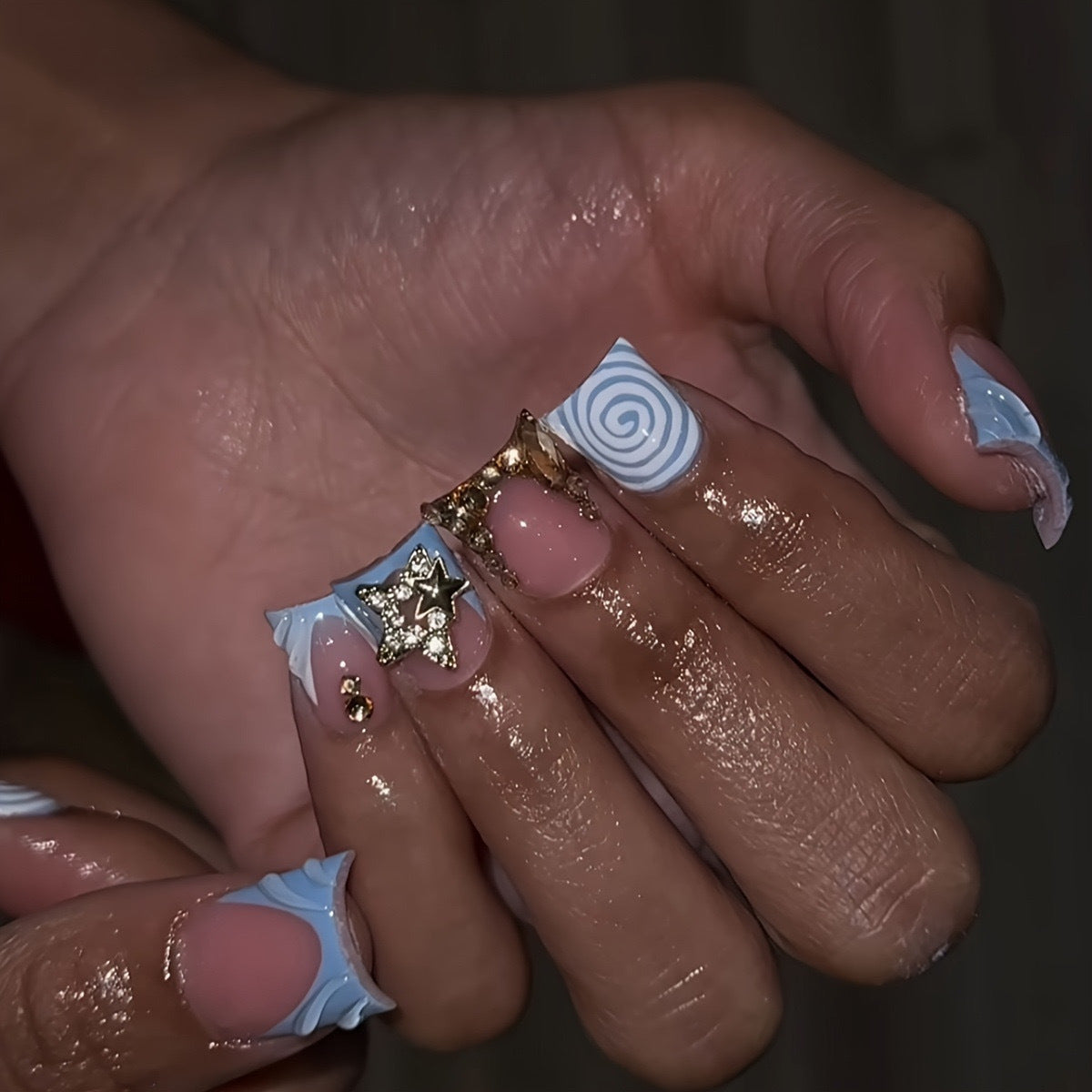 Water-drop Rhinestone-textured Short False Nails - All Things Beauty -
