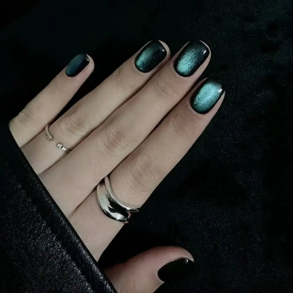 24Pcs/Box Cat Eye Manicure Press on Nails Reusable Glitter Full Cover Fake Nails Short Stick on Nails DIY Nails Art - All Things Beauty -