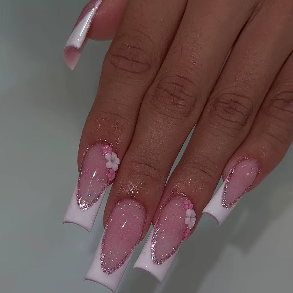 24Pcs Long French Fake Nails with Glue Ballet False Nails Butterfly Rhinestone Design Press on Nails Wearable Coffin Nail Tips - All Things Beauty -