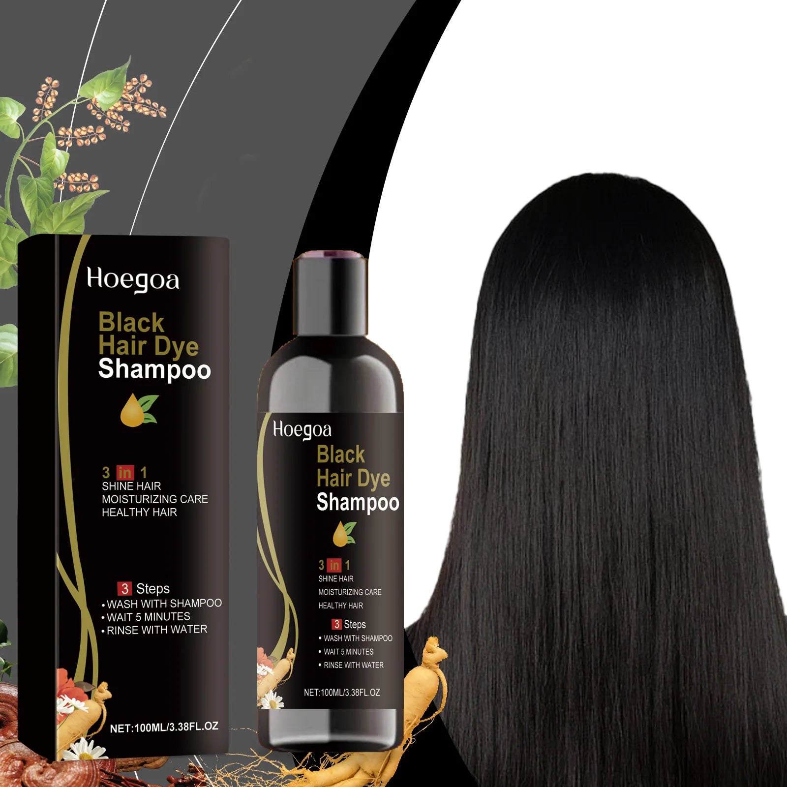 Hoegoa 3-in-1 Hair Dye Shampoo 100ml – Gray to Black, Herbal Polygonum Formula - All Things Beauty -