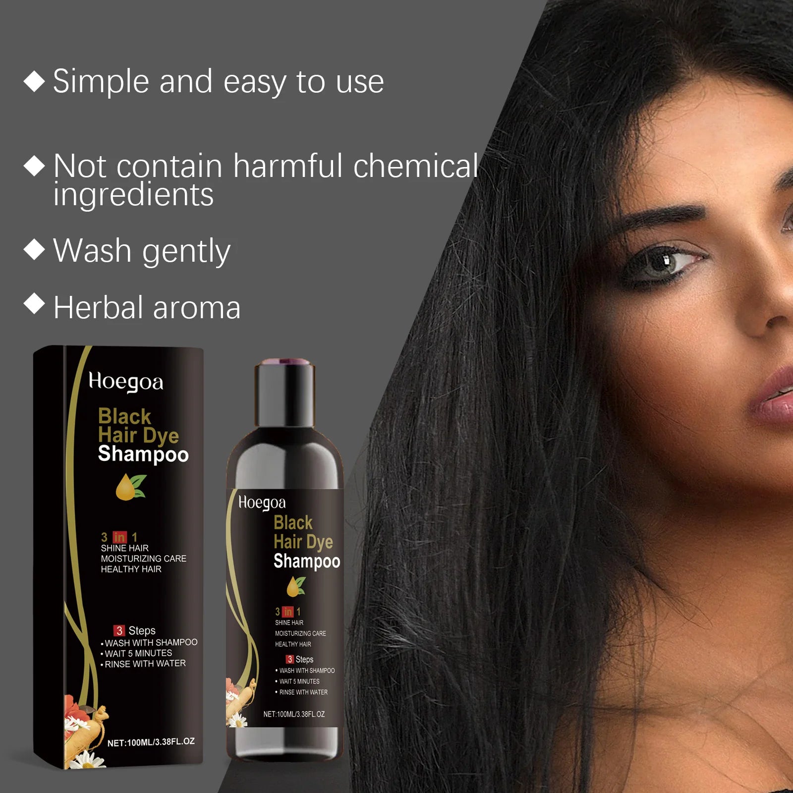 Hoegoa 3-in-1 Hair Dye Shampoo 100ml – Gray to Black, Herbal Polygonum Formula - All Things Beauty -