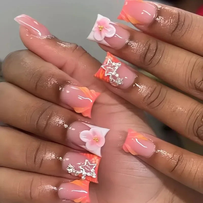 24pcs Blue French Press-On Nails – Short Duckbill, Star Rhinestone Gradient Y2K Design - All Things Beauty -