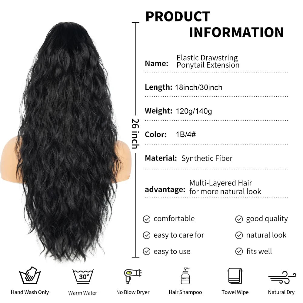 Ponytail Extension 30 Inch Drawstring Pony Tails Hair Extensions for Women Long Curly Wave Ponytail Synthetic Hairpieces - All Things Beauty -