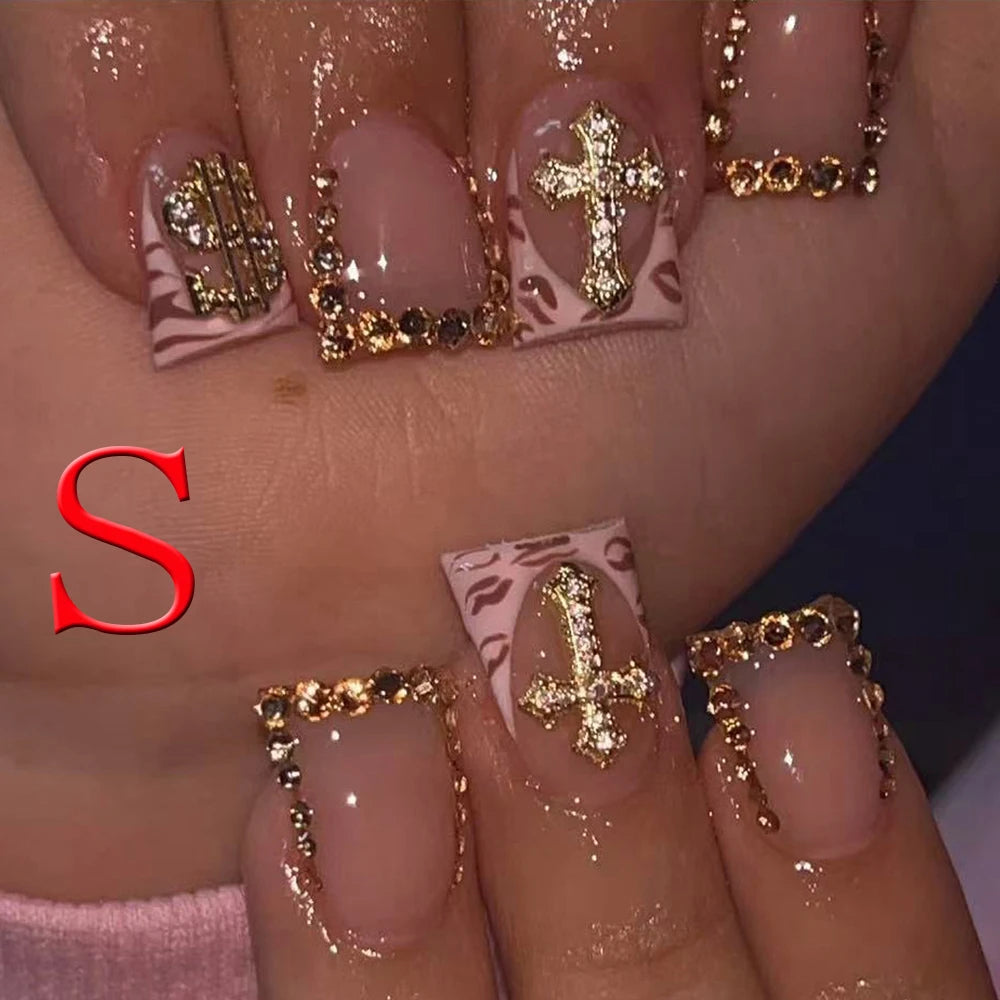 10PCS Diamond French Fake Nails – Nude Short Square with Gold Glitter & Leopard Design - All Things Beauty -