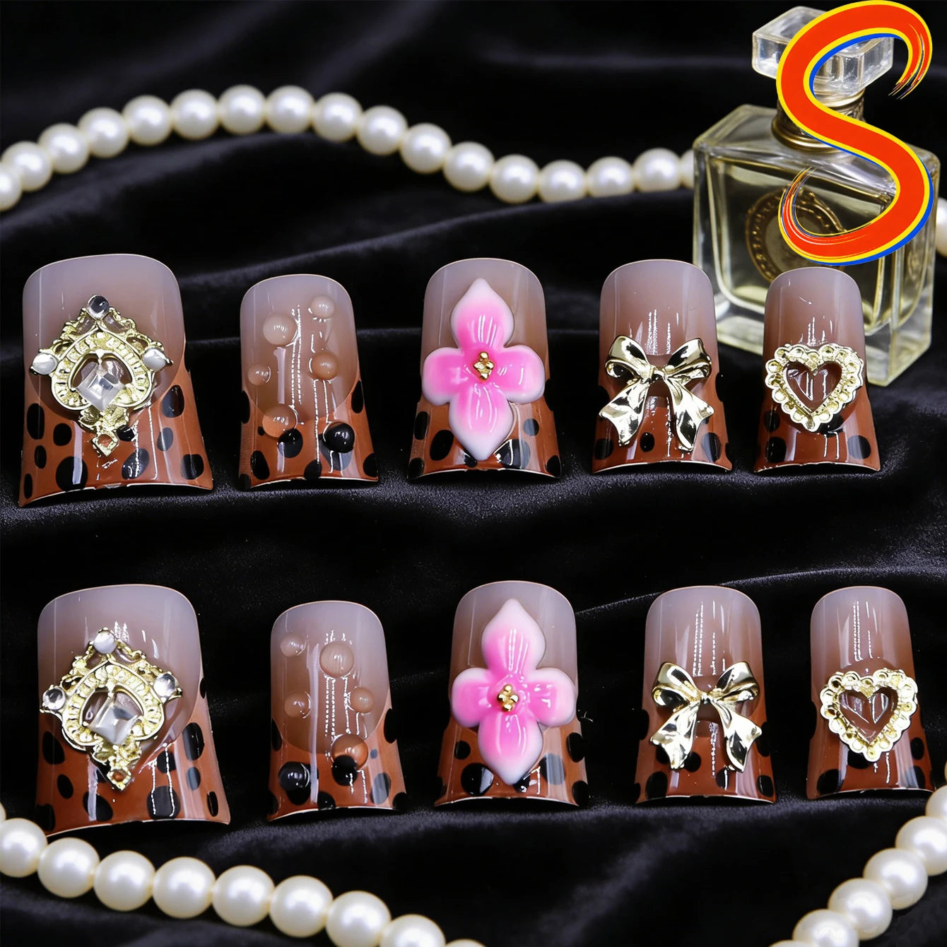 10PCS Diamond French Fake Nails – Nude Short Square with Gold Glitter & Leopard Design - All Things Beauty -