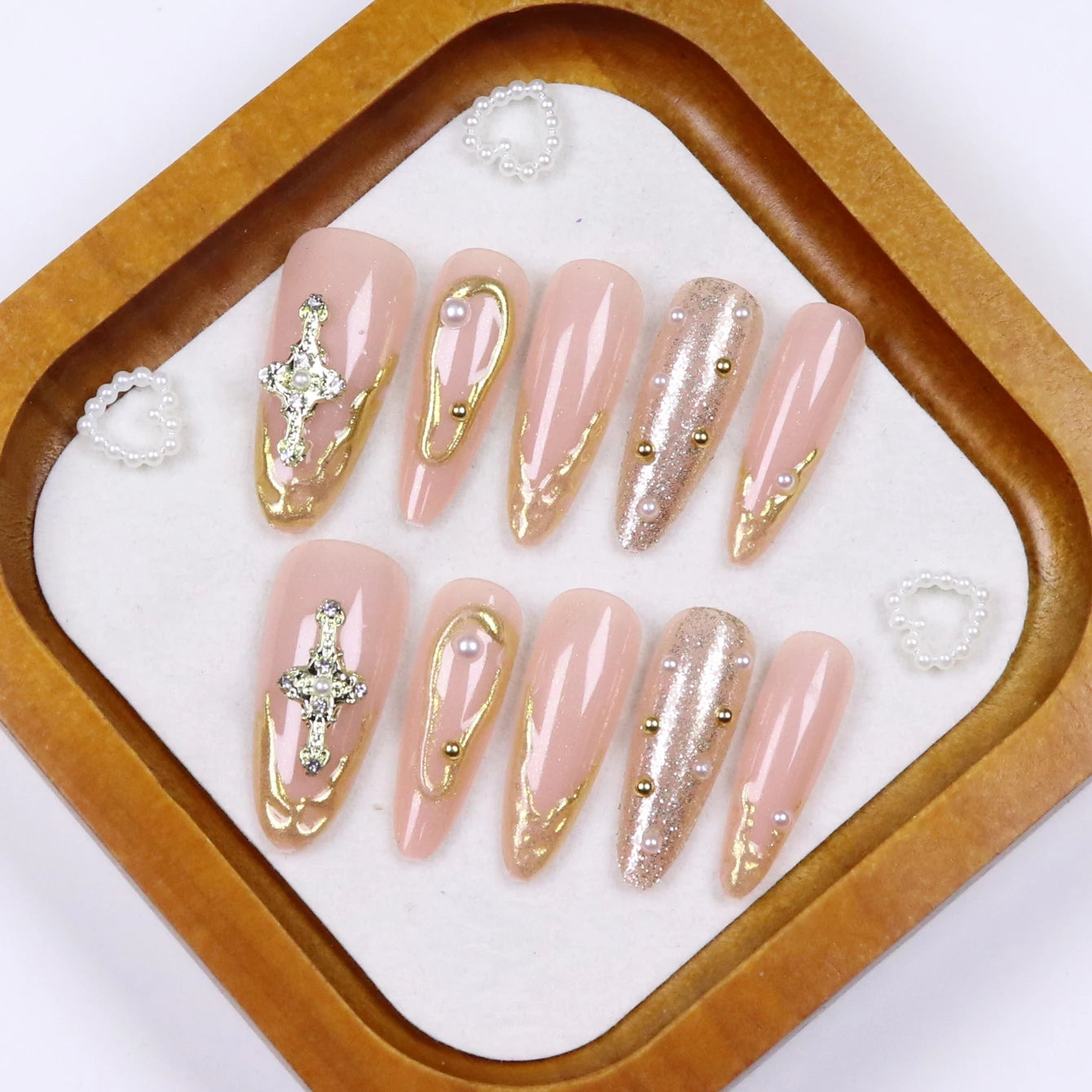 10PCS Diamond French Fake Nails – Nude Short Square with Gold Glitter & Leopard Design - All Things Beauty -