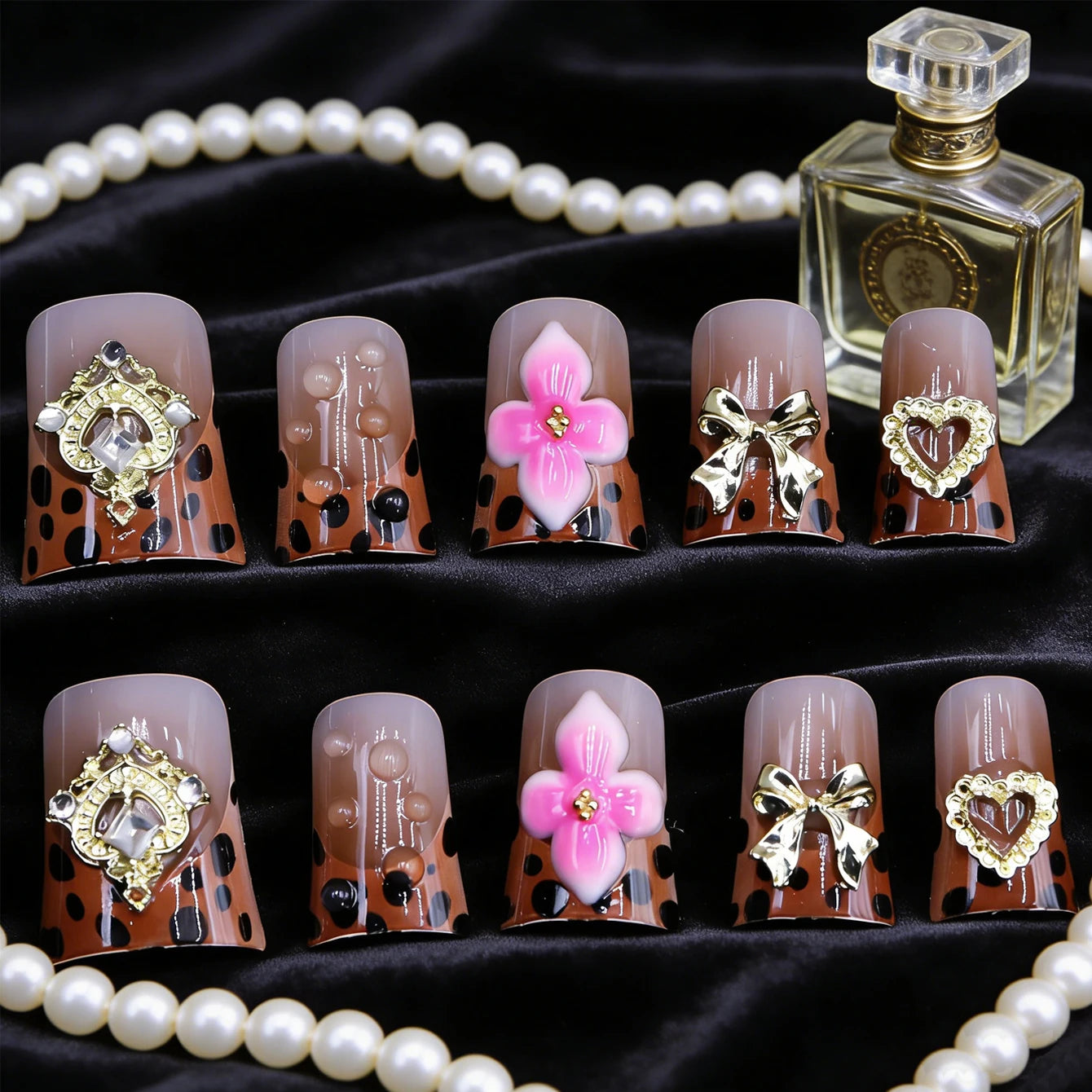 10PCS Diamond French Fake Nails – Nude Short Square with Gold Glitter & Leopard Design - All Things Beauty -