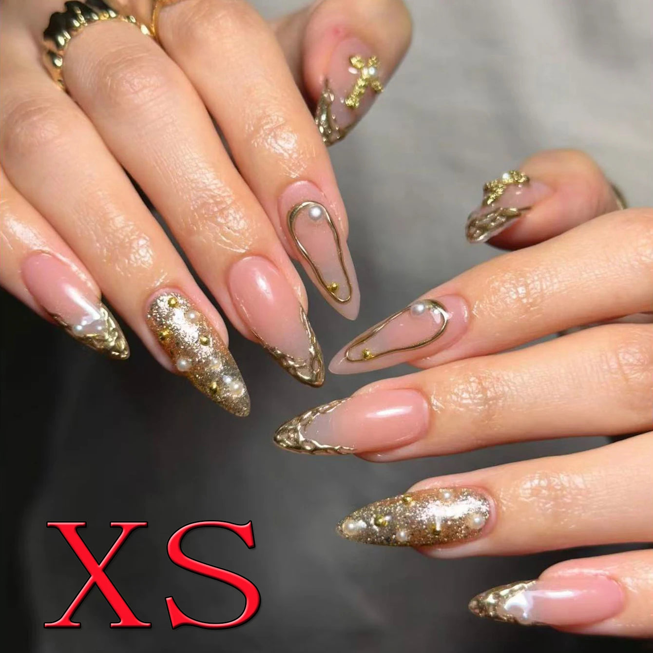 10PCS Diamond French Fake Nails – Nude Short Square with Gold Glitter & Leopard Design - All Things Beauty -