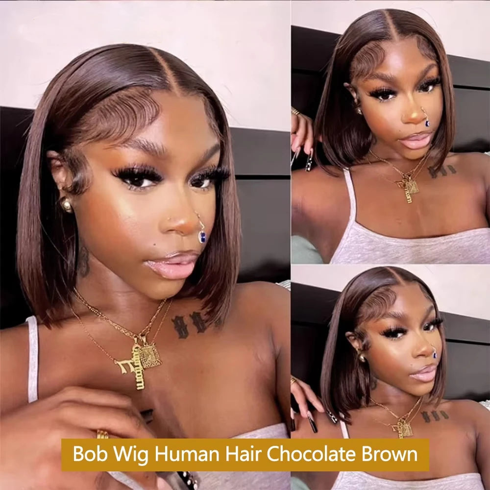 220 Density HD Lace Bob Wig – 13x4, Chocolate Brown Straight Human Hair, Pre-Plucked - All Things Beauty -
