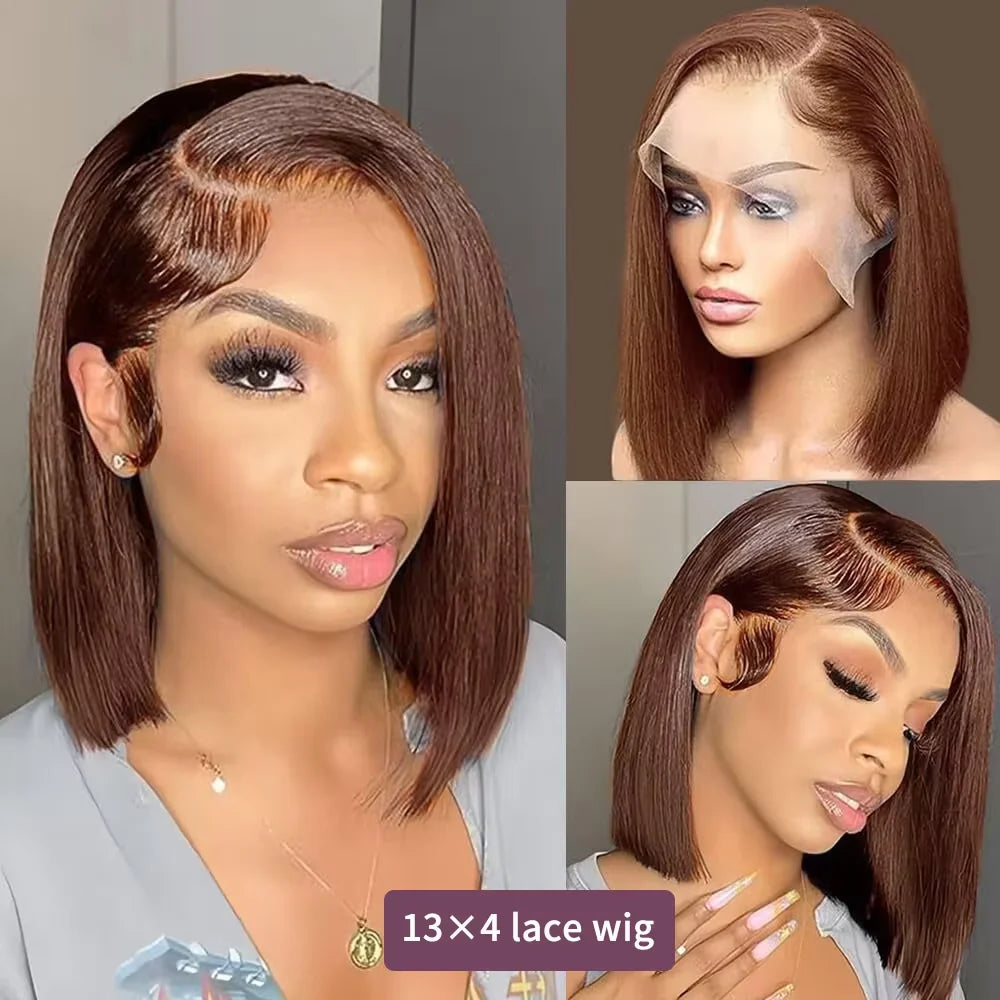 220 Density HD Lace Bob Wig – 13x4, Chocolate Brown Straight Human Hair, Pre-Plucked - All Things Beauty -