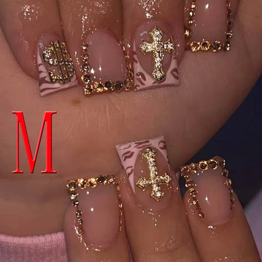 10PCS Diamond French Fake Nails – Nude Short Square with Gold Glitter & Leopard Design - All Things Beauty -