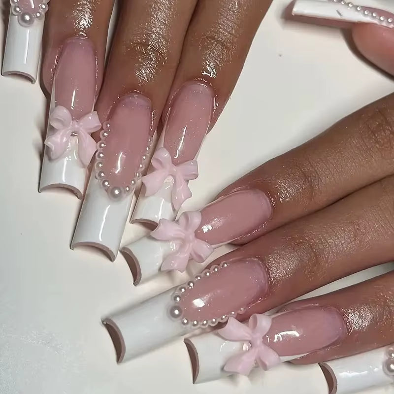 24Pcs Long French Fake Nails with Glue Ballet False Nails Butterfly Rhinestone Design Press on Nails Wearable Coffin Nail Tips - All Things Beauty -