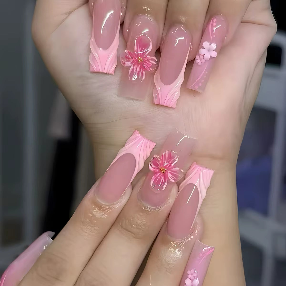 24Pcs Long French Fake Nails with Glue Ballet False Nails Butterfly Rhinestone Design Press on Nails Wearable Coffin Nail Tips - All Things Beauty -