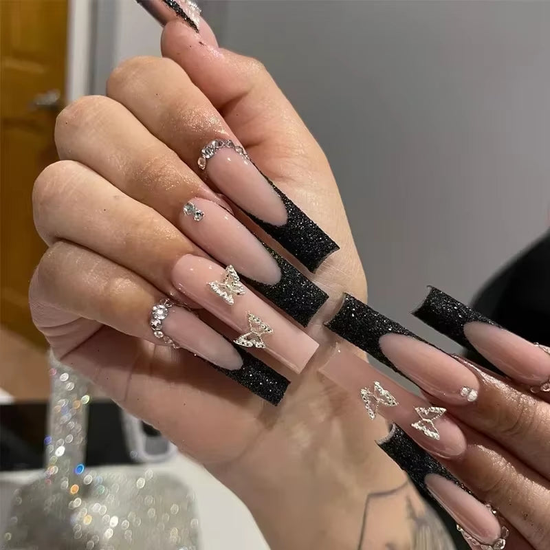 24Pcs Long French Fake Nails with Glue Ballet False Nails Butterfly Rhinestone Design Press on Nails Wearable Coffin Nail Tips - All Things Beauty -