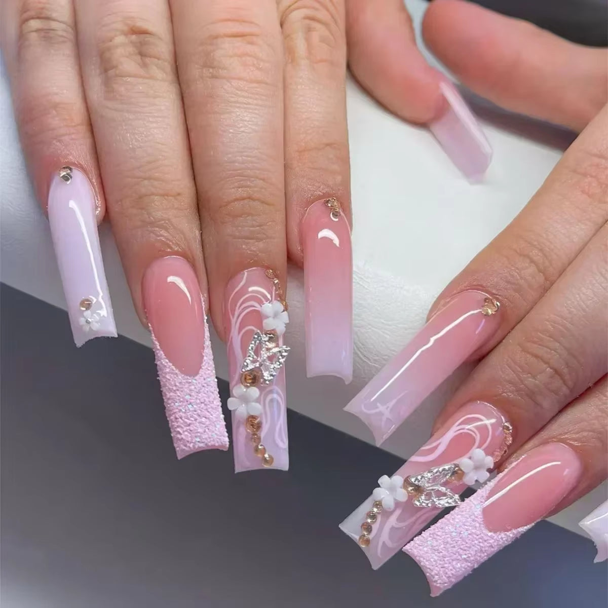24Pcs Long French Fake Nails with Glue Ballet False Nails Butterfly Rhinestone Design Press on Nails Wearable Coffin Nail Tips - All Things Beauty -