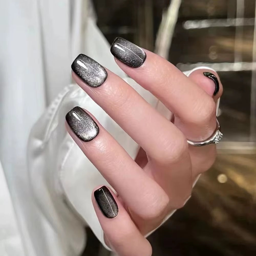 24Pcs/Box Cat Eye Manicure Press on Nails Reusable Glitter Full Cover Fake Nails Short Stick on Nails DIY Nails Art - All Things Beauty -