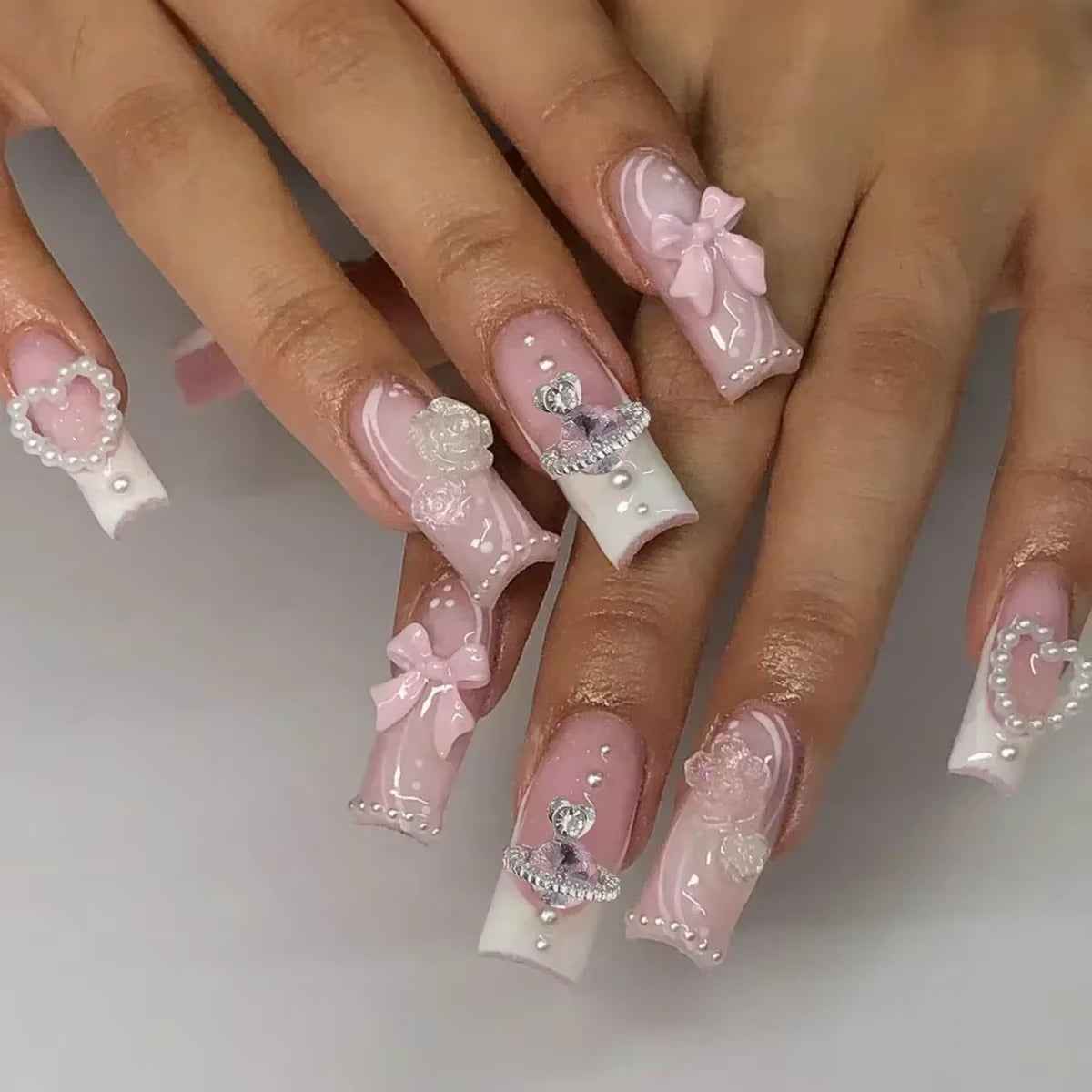 24Pcs Long French Fake Nails with Glue Ballet False Nails Butterfly Rhinestone Design Press on Nails Wearable Coffin Nail Tips - All Things Beauty -