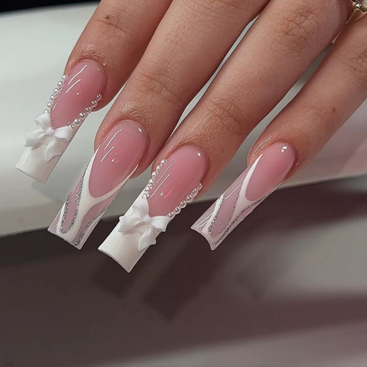 24Pcs Long French Fake Nails with Glue Ballet False Nails Butterfly Rhinestone Design Press on Nails Wearable Coffin Nail Tips - All Things Beauty -