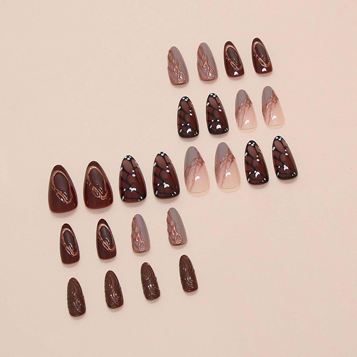 Buttterfly Press on Nails Medium Almond Fake Nails Brown Press on False Nails with Butterfly and Striped Design Fall Nails for Women 24Pcs - All Things Beauty -