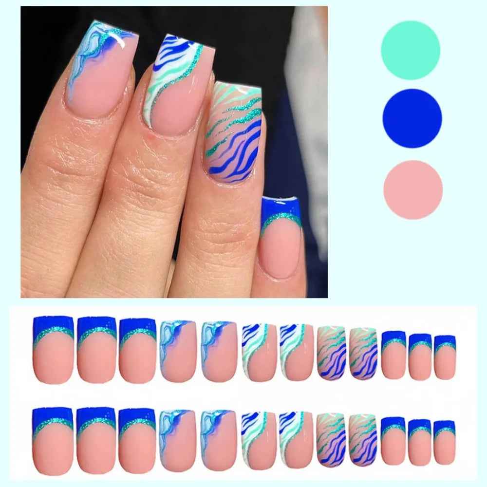 Wearable Manicure French Fake Nails Detachable Butterfly Flash Nail Tips Full Cover Square Head Press on Nails Women - All Things Beauty -