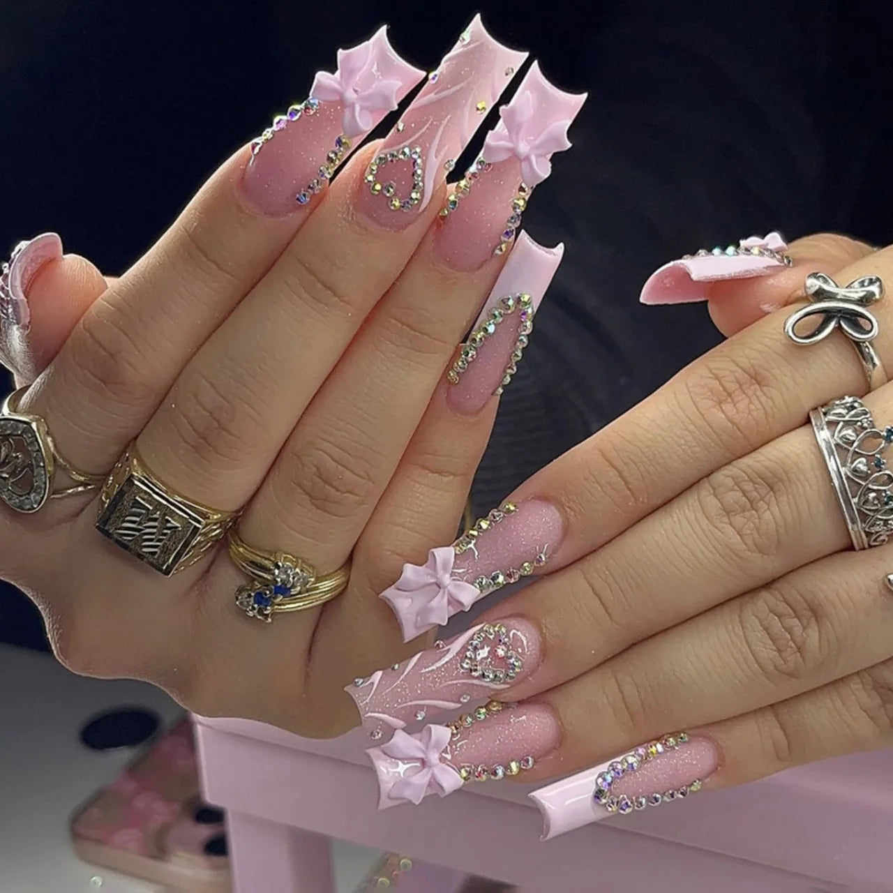 24Pcs Long French Fake Nails with Glue Ballet False Nails Butterfly Rhinestone Design Press on Nails Wearable Coffin Nail Tips - All Things Beauty -