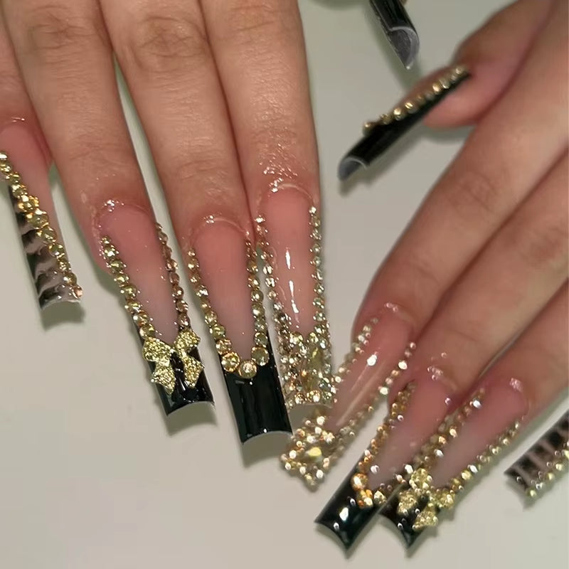 24Pcs Long French Fake Nails with Glue Ballet False Nails Butterfly Rhinestone Design Press on Nails Wearable Coffin Nail Tips - All Things Beauty -