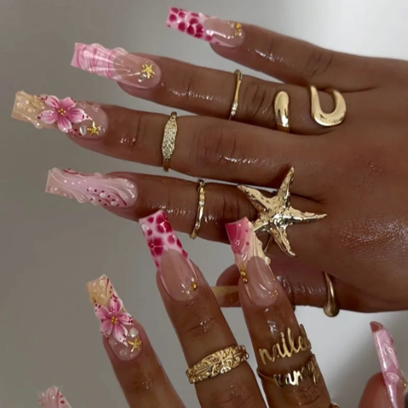 24Pcs Long French Fake Nails with Glue Ballet False Nails Butterfly Rhinestone Design Press on Nails Wearable Coffin Nail Tips - All Things Beauty -